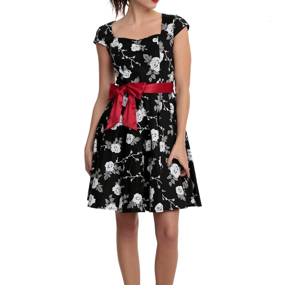 Hell Bunny Black and White Floral Mini Dress with Red Sash